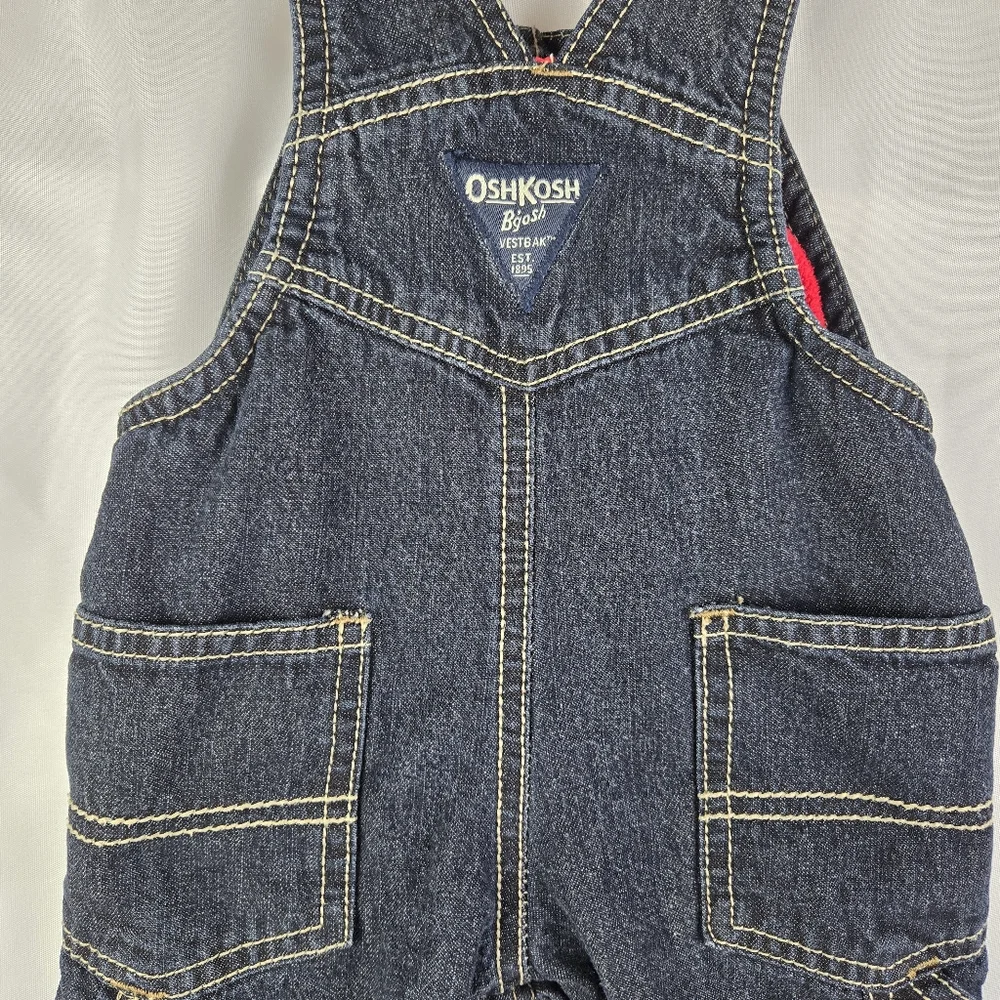 OshKosh B'gosh Fleece Lined Dark Wash Denim Jean Overalls Baby Boy Size 6 Months
